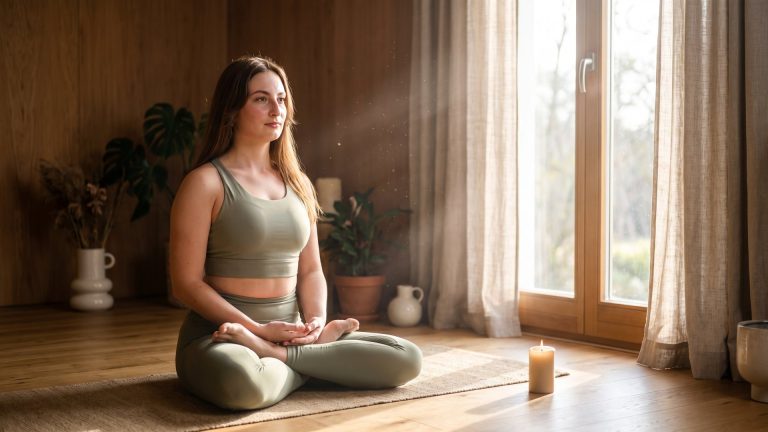 Tanya meditating mindfully in soft morning light