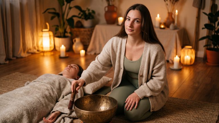 Tanya playing a Tibetan singing bowl beside a student in Savasana