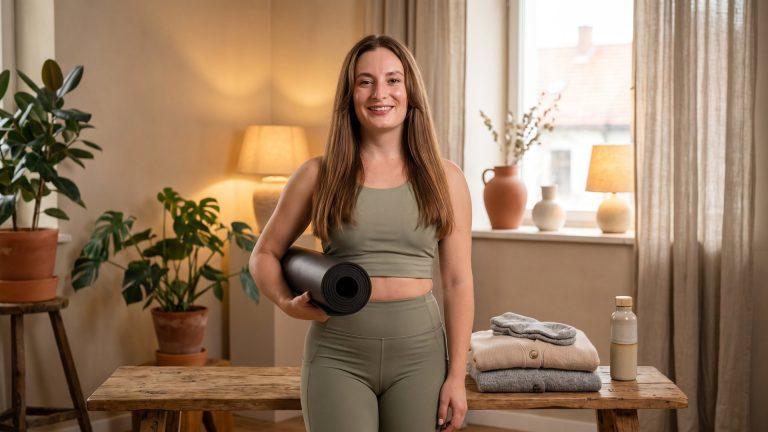 Tanya in comfortable yoga clothes holding her mat