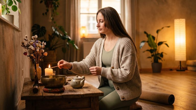 Tanya lighting a candle at the studio altar to begin her yoga ritual