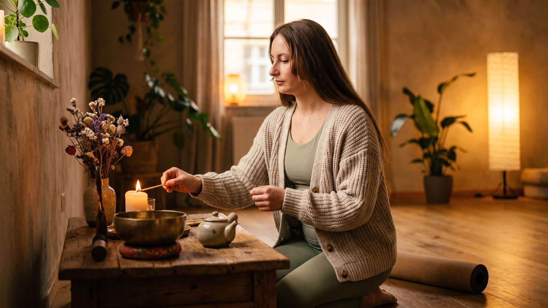 Tanya lighting a candle at the studio altar to begin her yoga ritual