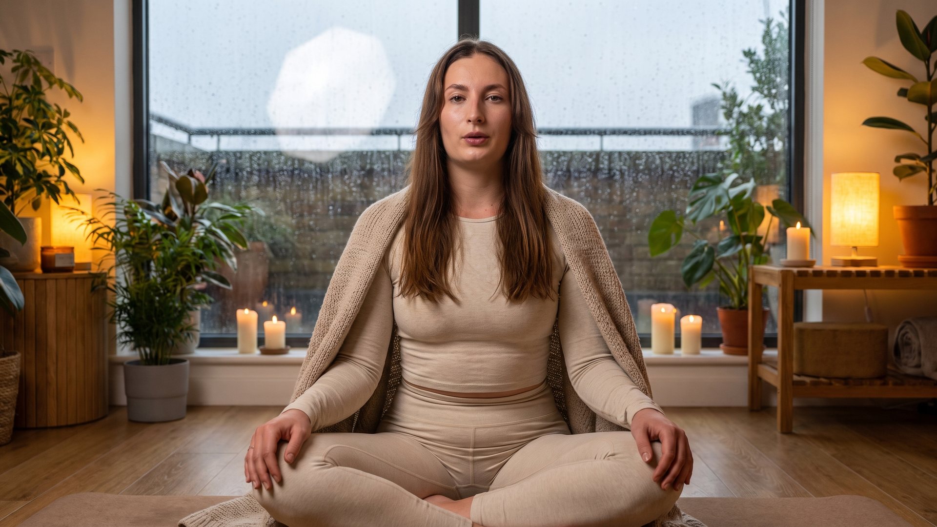 Tanya sitting calmly in meditation on a rainy London day