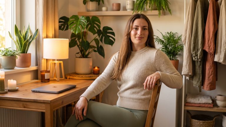 Tanya taking a mindful break at her home-office desk