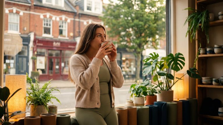Tanya at the window of her yoga studio in Golders Green