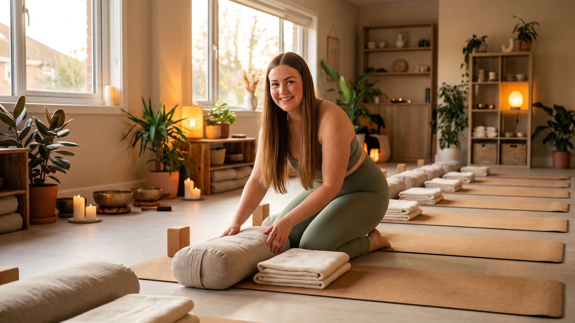 Tanya setting up her warm, intimate yoga studio in North London