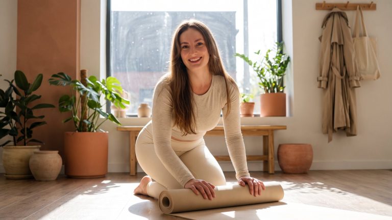 Tanya rolling up her mat after a lunchtime yoga class