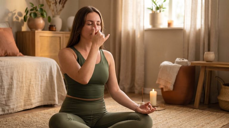 Tanya practising Nadi Shodhana alternate nostril breathing