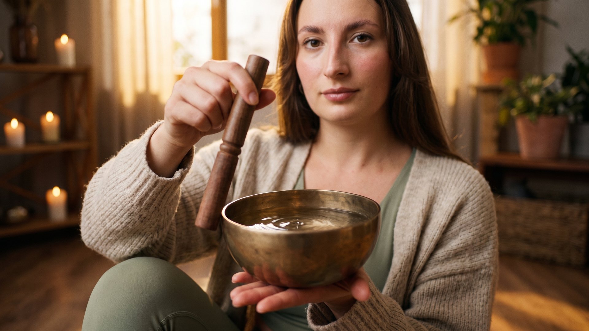Tanya circling a singing bowl, water rippling with sound vibration
