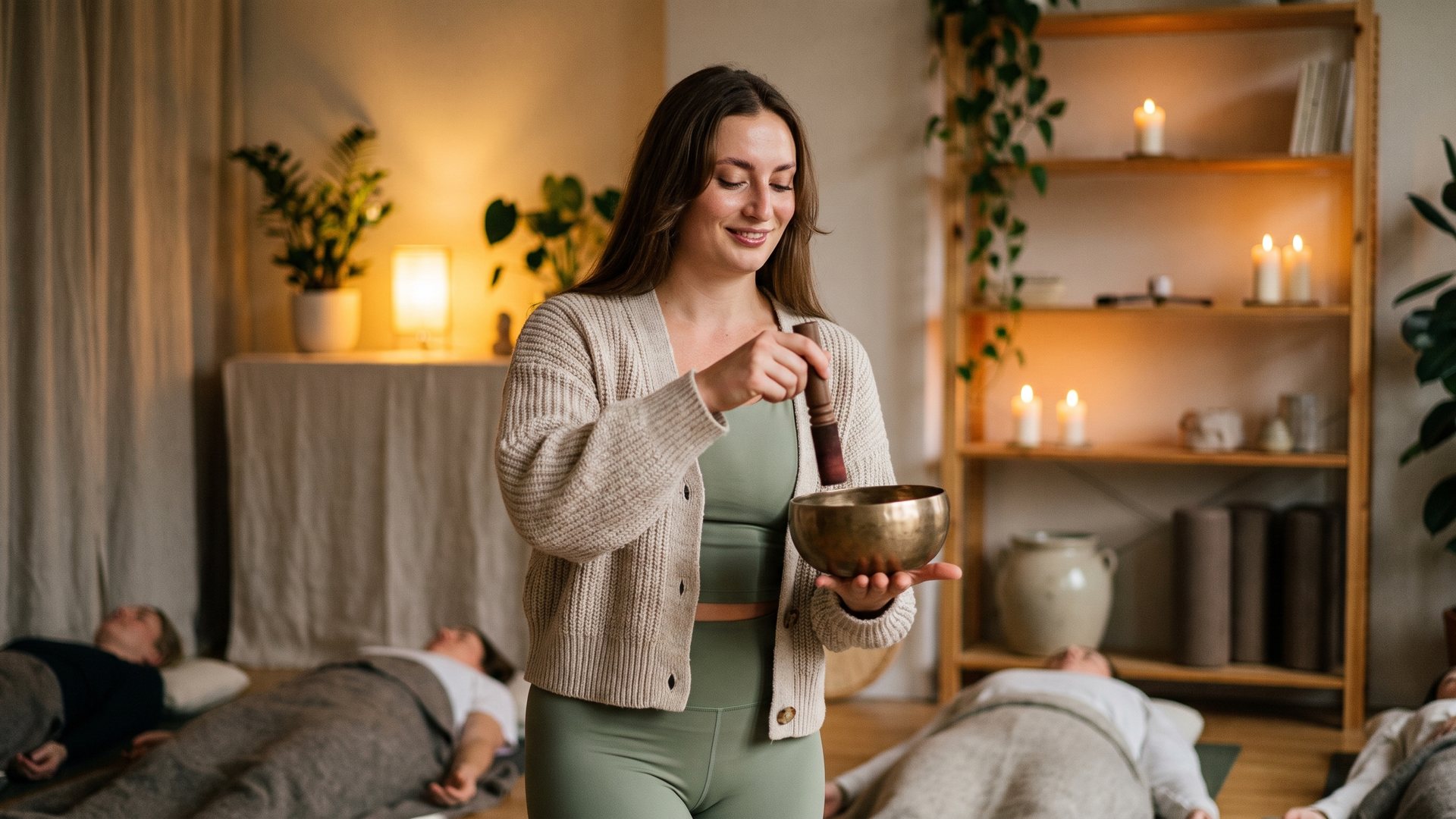 Tanya playing a singing bowl during a sound bath in North London