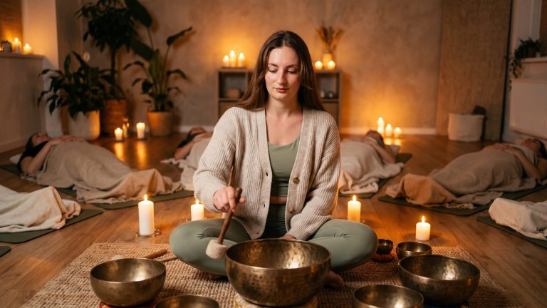 Tanya leading a sound bath with singing bowls