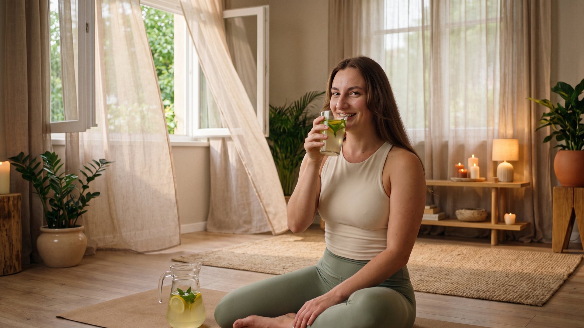 Tanya cooling down with lemonade after a summer yoga class