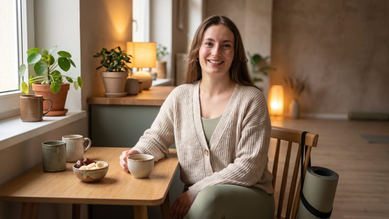 Tanya having a light snack and tea before a yoga class