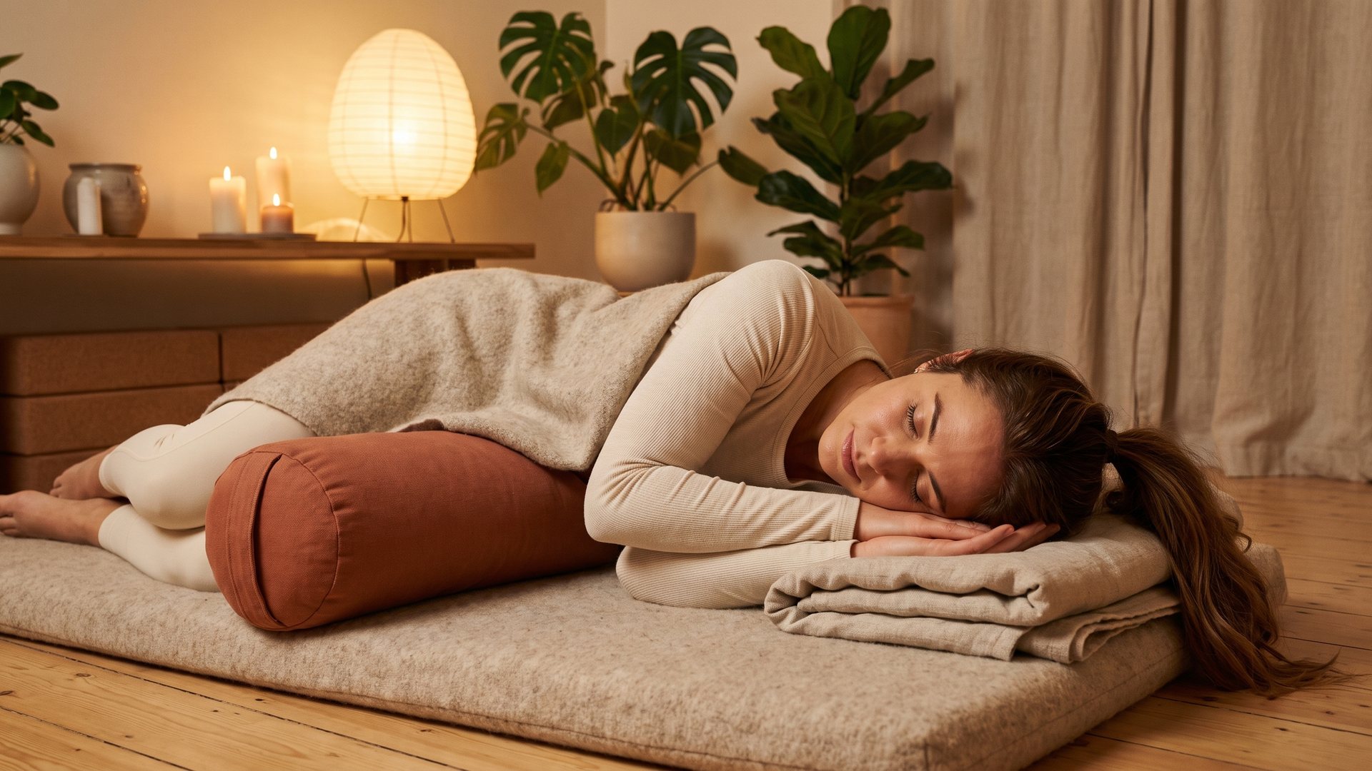 Tanya resting in a side-lying restorative pose for burnout recovery