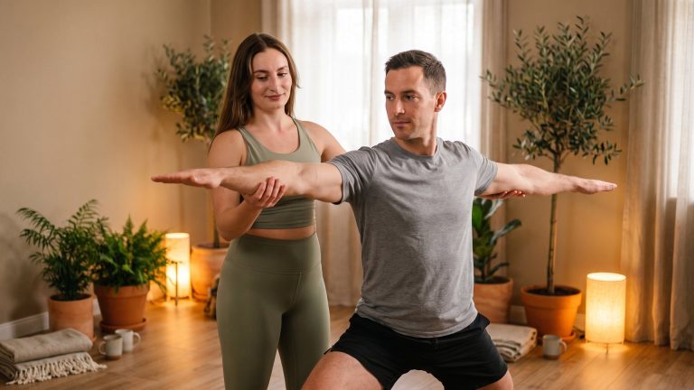 Tanya teaching a male student Warrior II