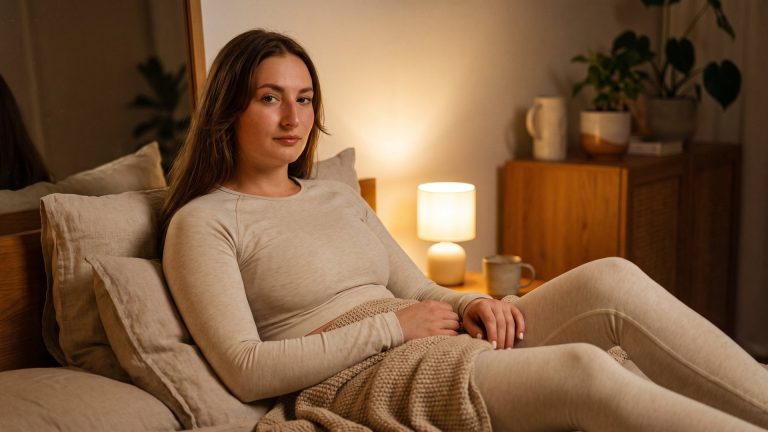 Tanya sitting up in bed practising 4-7-8 breathing before sleep