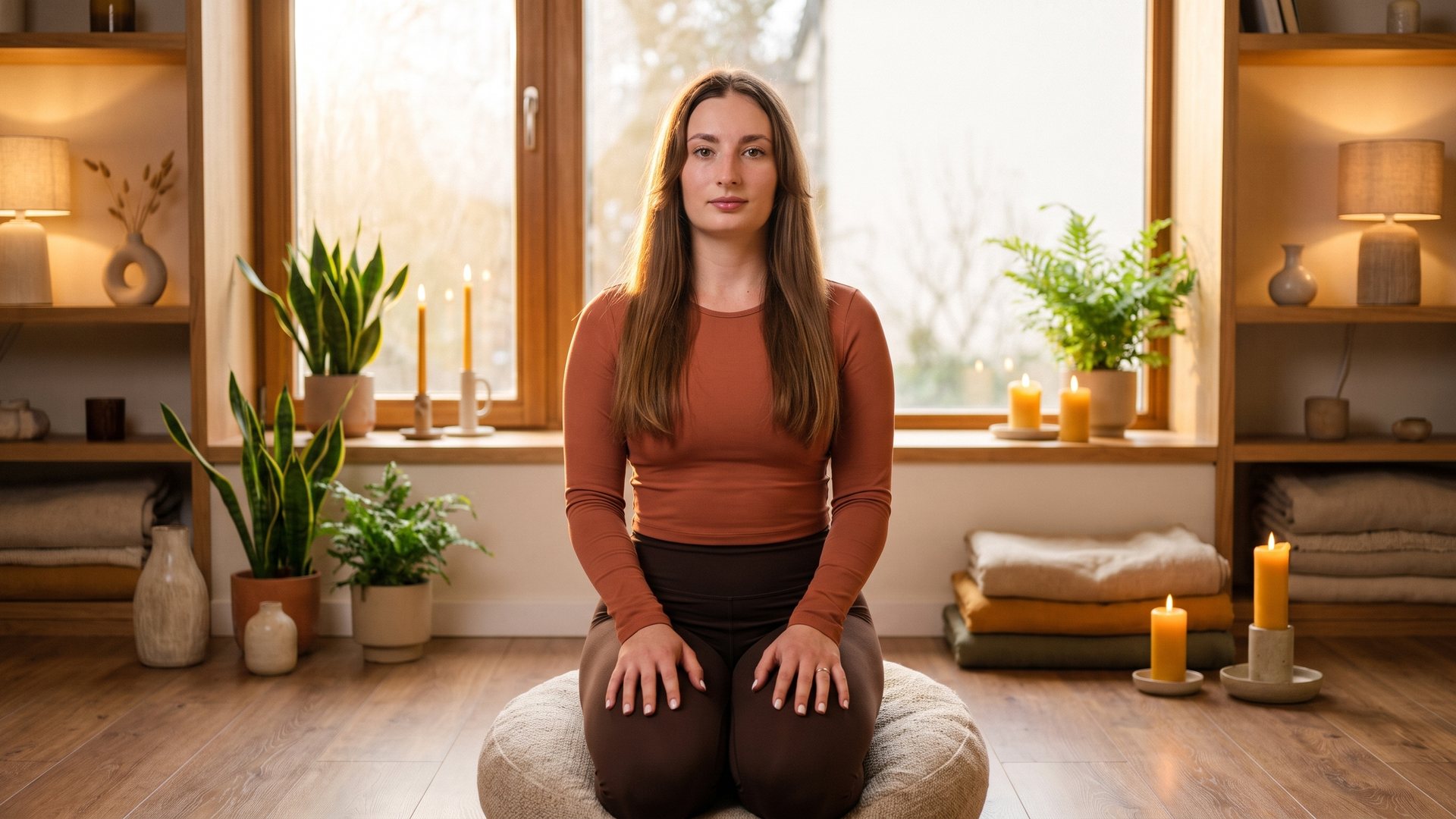 Tanya sitting calmly on a cushion to practise box breathing