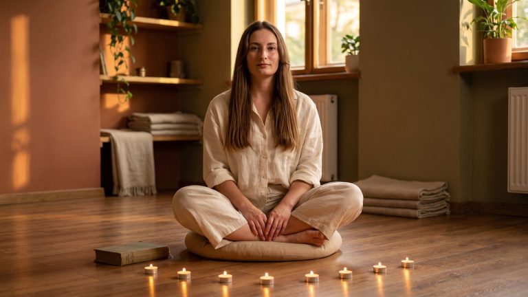 Tanya meditating before eight candles representing the eight limbs of yoga