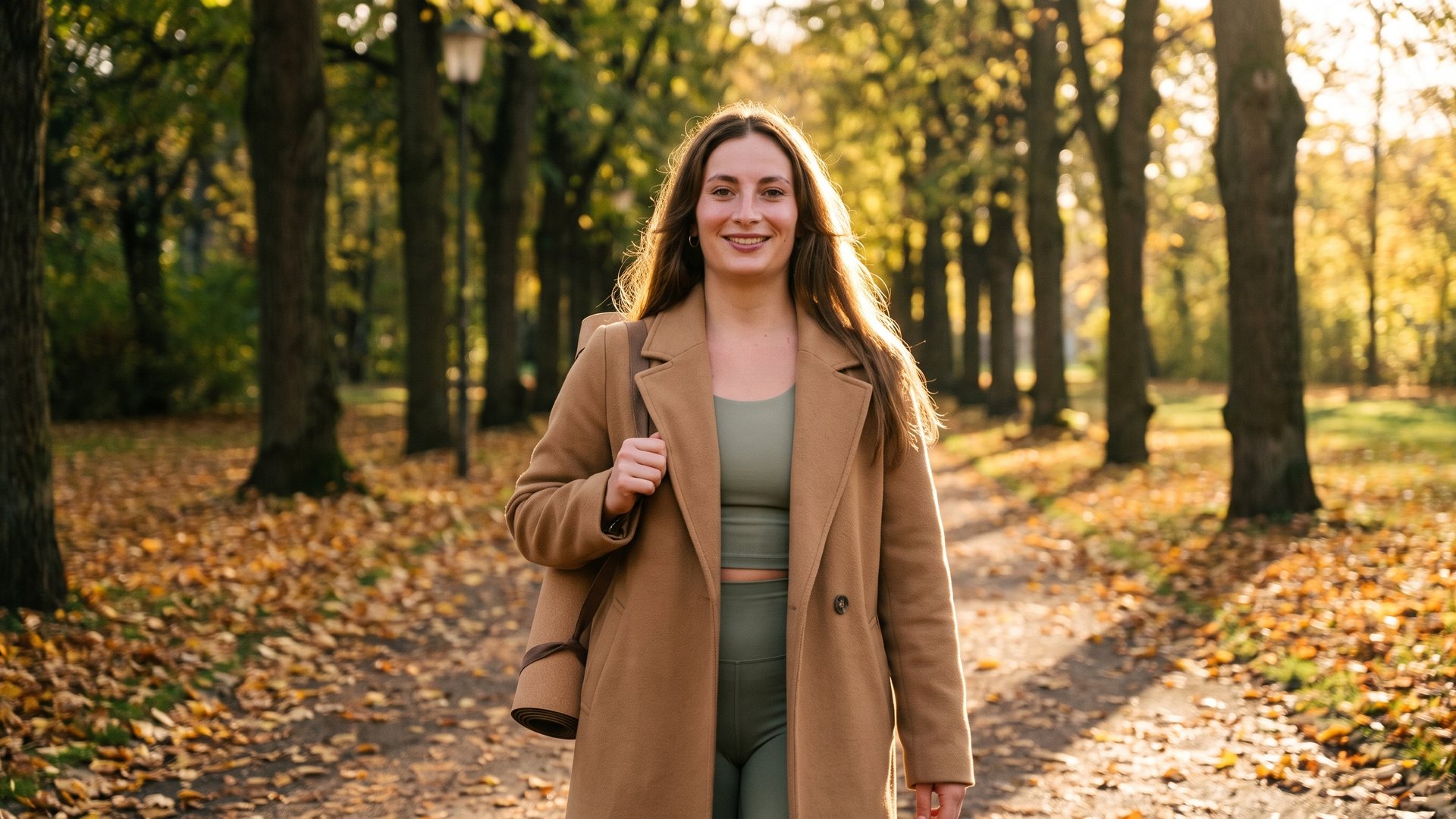 Tanya walking to yoga class through a leafy Golders Green park in autumn