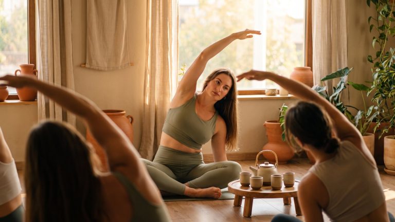 Tanya leading a relaxed weekend morning yoga class