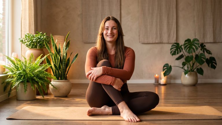 Tanya smiling on her yoga mat, relaxed and at ease