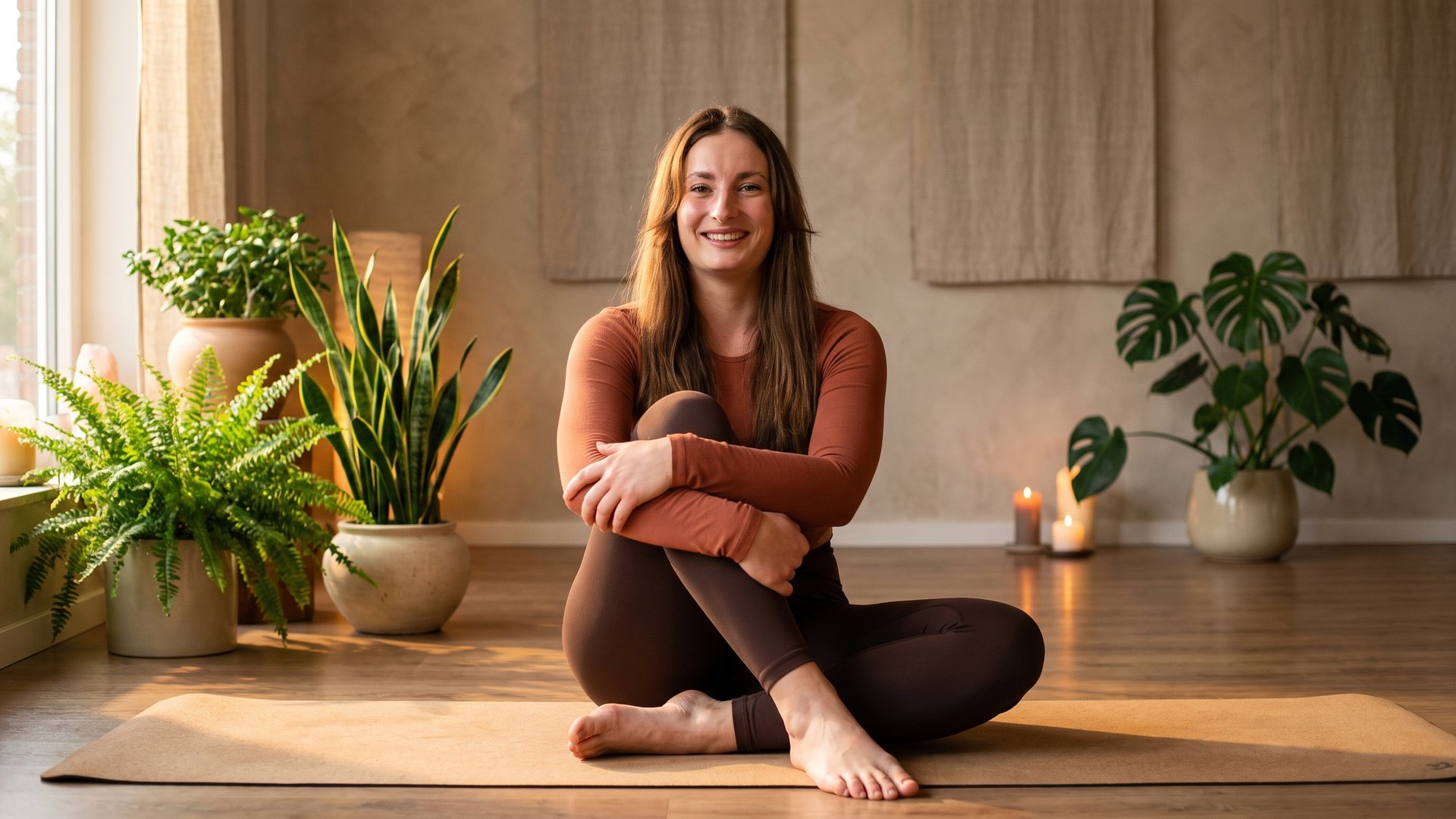 Tanya smiling on her yoga mat, relaxed and at ease