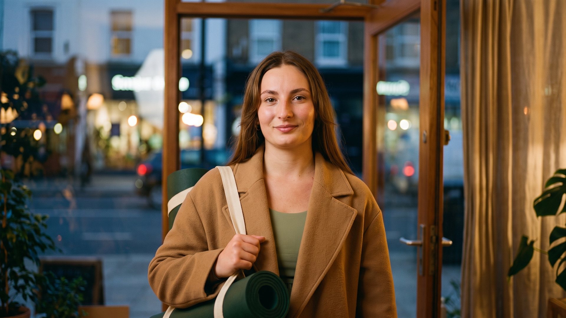 Tanya at her studio entrance on a North London high street at dusk