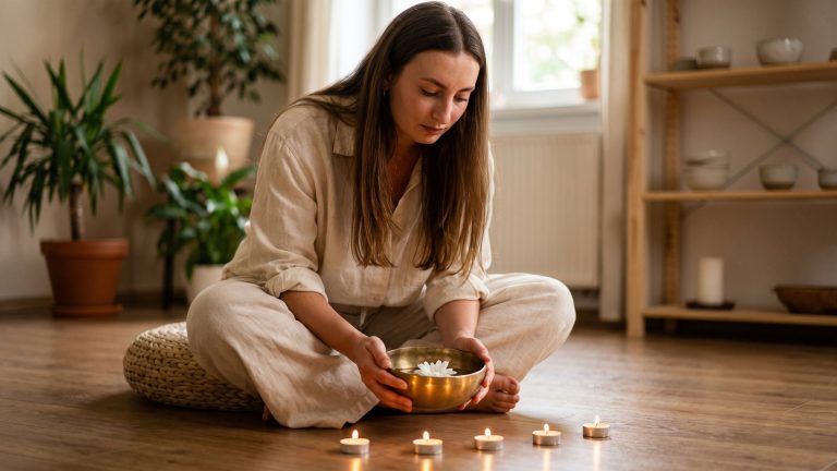 Tanya reflecting on the five yamas with candles and a flower