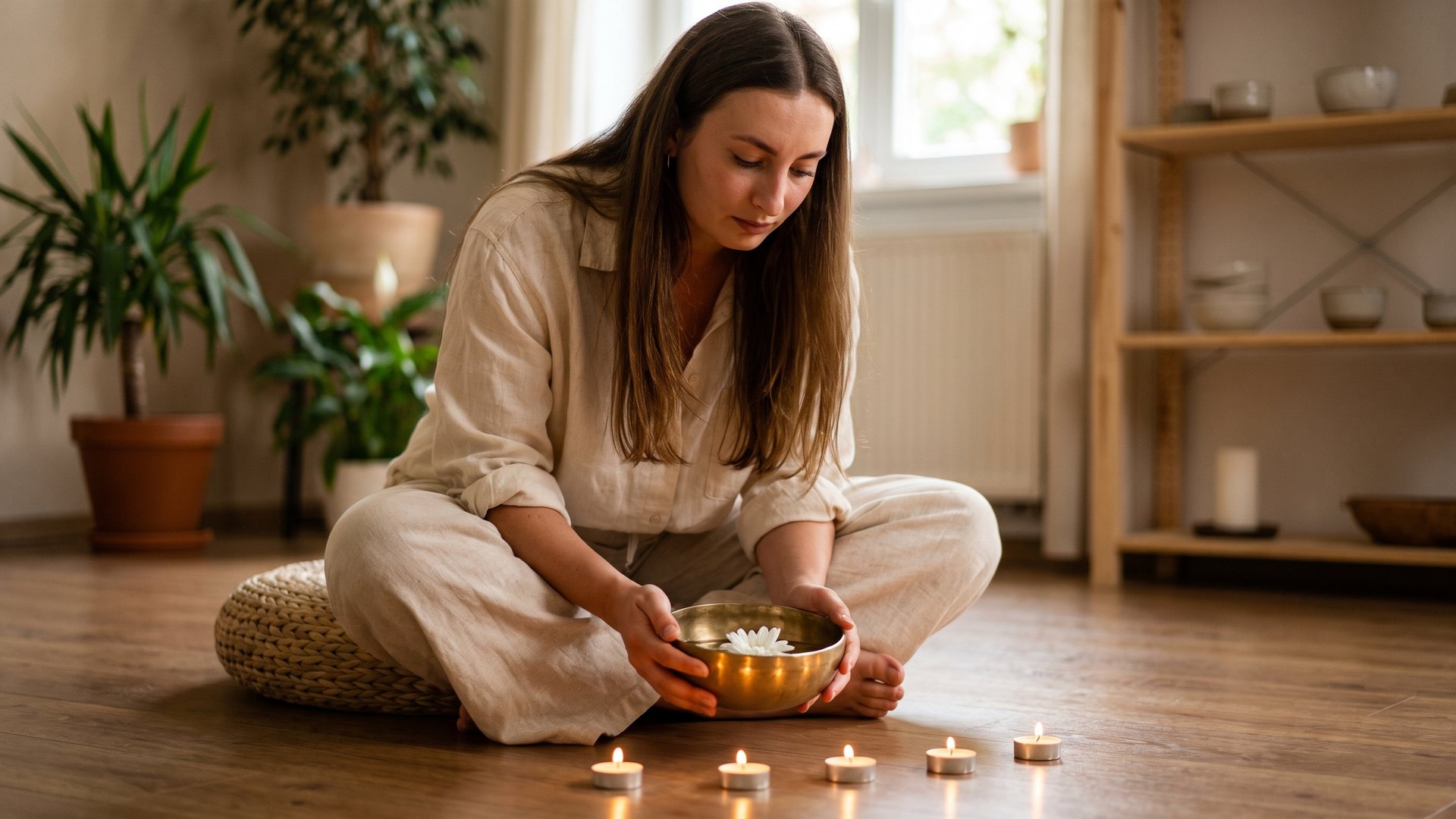 Tanya reflecting on the five yamas with candles and a flower