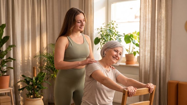 Tanya teaching gentle chair-supported yoga to a student over 50